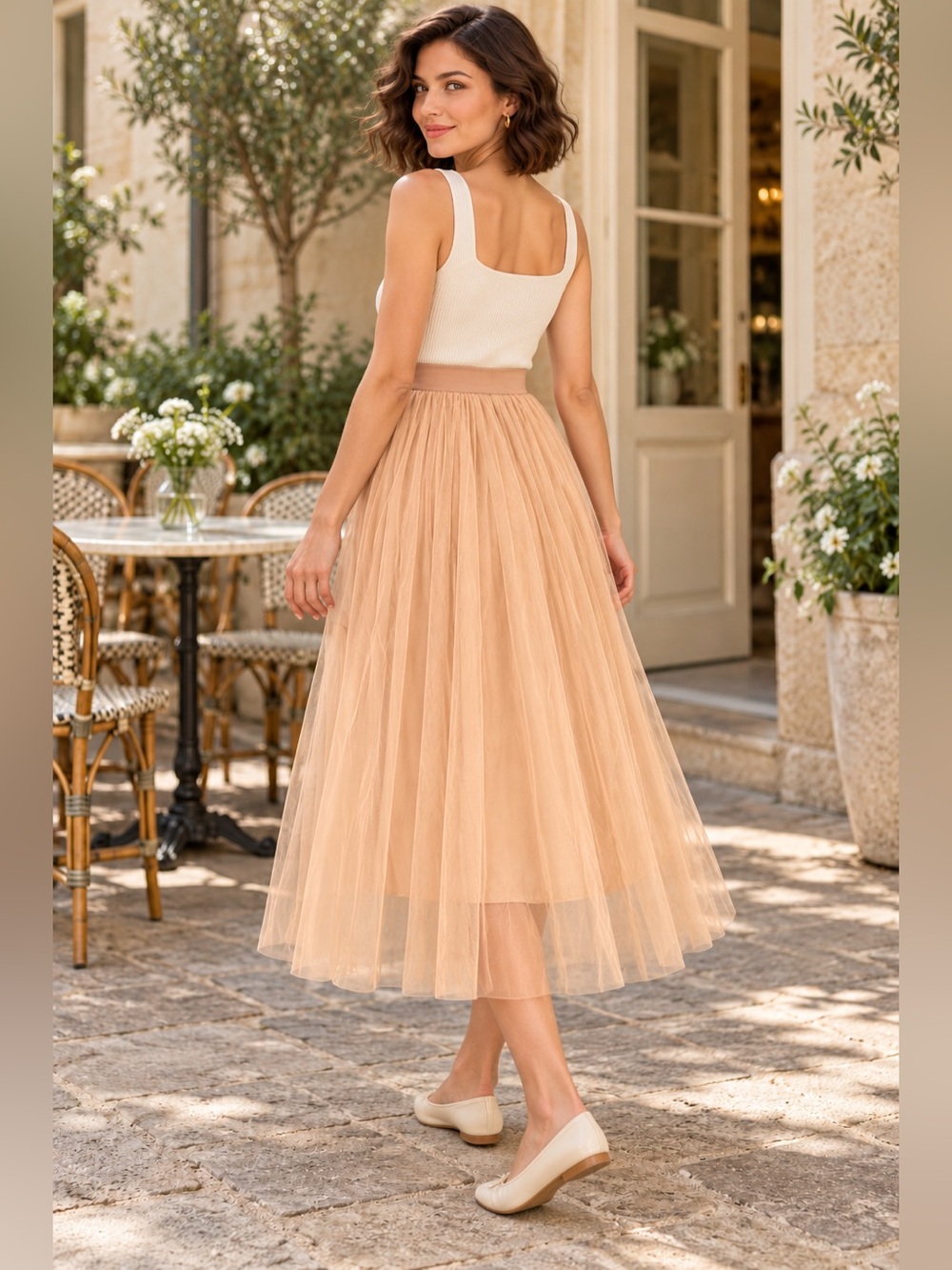Women’s Beige Tulle Midi Skirt – Elegant Everyday Style